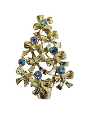 Avon Gold-tone Bow Christmas Tree Brooch with Blue Aurora Rhinestones